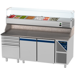 Prismafood Kühltisch 2 Türen & 4er Schubladenblock & Schaukasten GN 1/4 Kapazität: 606 lt Temperatur: 0°C/+10°C