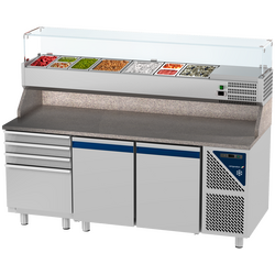 Prismafood Kühltisch 2 Türen & 4er Schubladenblock & Schaukasten GN 1/3 Kapazität: 606 lt Temperatur: 0°C/+10°C