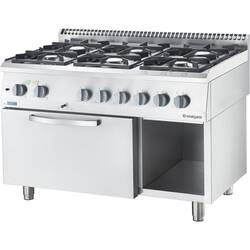 Stalgast Edelstahl Gasherd Basic mit 6 Brennern (6x3,5), Elektro-Umluft-Backofen GN1/1 und Regalfach, Serie 700 ND