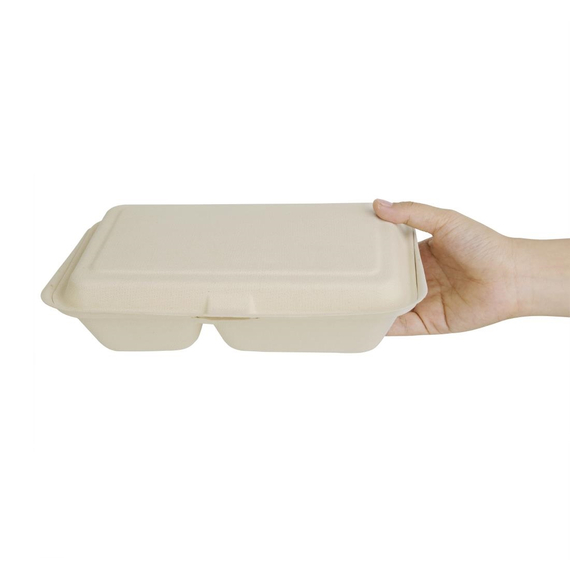 Fiesta Compostable kompostierbare Bagasse Lebensmittelboxen 2 Fächer Naturfarbe 253 mm (200 Stück), Bild 3