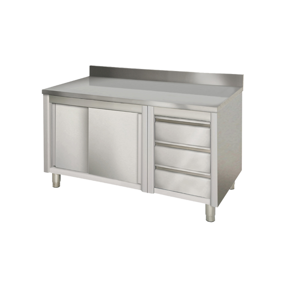Prismafood Arbeitsschrank 2,0m - mit 3 Schubladen rechts und Aufkantung STD