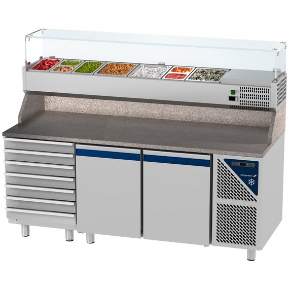 Prismafood Kühltisch 2 Türen & 7er Schubladenblock & Schaukasten GN 1/4 Kapazität: 606 lt Temperatur: 0°C/+10°C