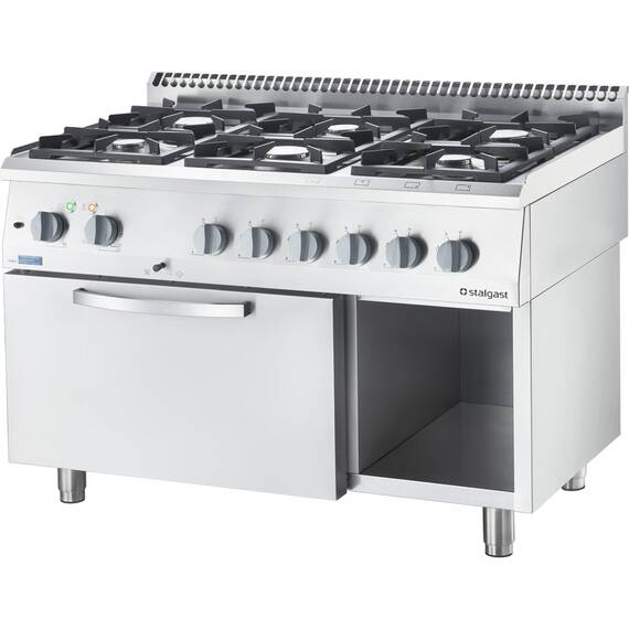 Stalgast Edelstahl Gasherd Basic mit 6 Brennern (3x3,5+3x5), Elektro-Umluft-Backofen GN1/1 und Regalfach, Serie 700 ND