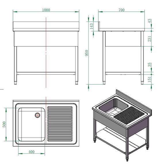 Vaiotec Easyline Spültisch 700 / 1 Becken links und Abtropffläche B:1000, Bild 4