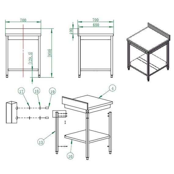 Vaiotec Easyline Arbeitstisch 700 / mit Grundboden & Aufkantung B:700, Bild 3