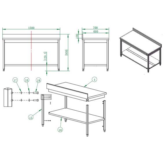 Vaiotec Easyline Arbeitstisch 700 / mit Grundboden & Aufkantung B:1500, Bild 3