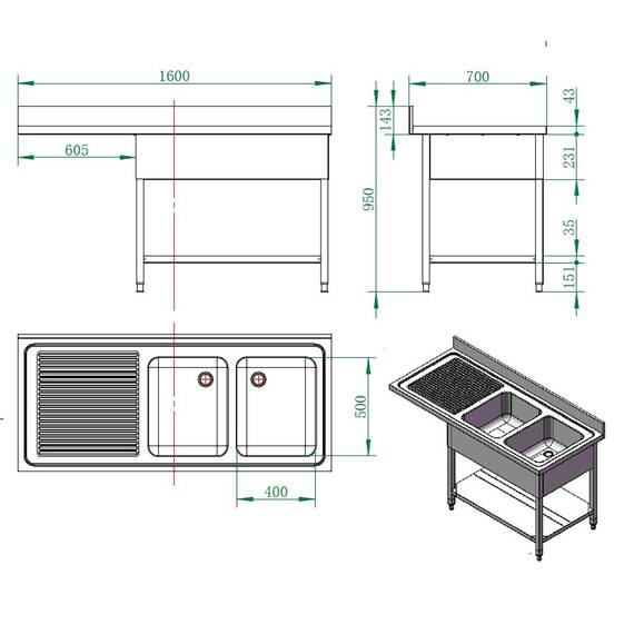 Vaiotec Easyline Spülcenter 700 / 2 Becken rechts B:1600, Bild 4