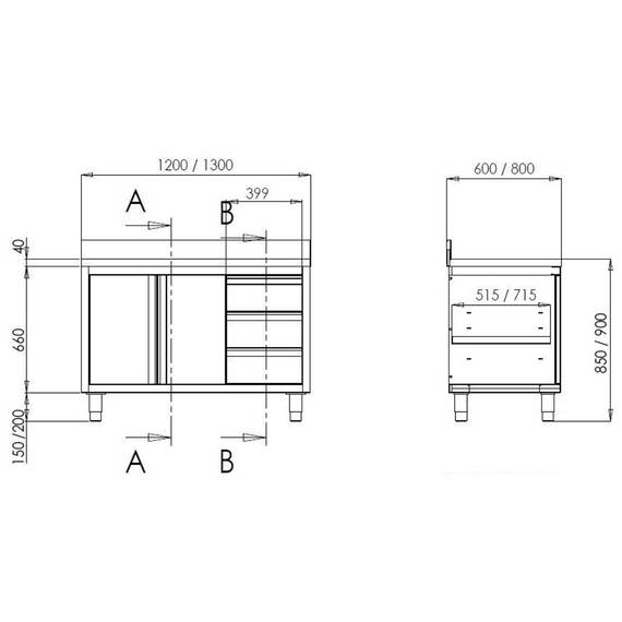 Vaiotec Topline Arbeitsschrank 600 / Flügeltüren, 3 Schubladen & Aufkantung B:1400, Bild 2