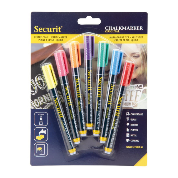 Securit Flüssigkreidemarker 1-2mm Spitze in rot, blau, gelb, grün, pink, orange, violett (7 Stück)